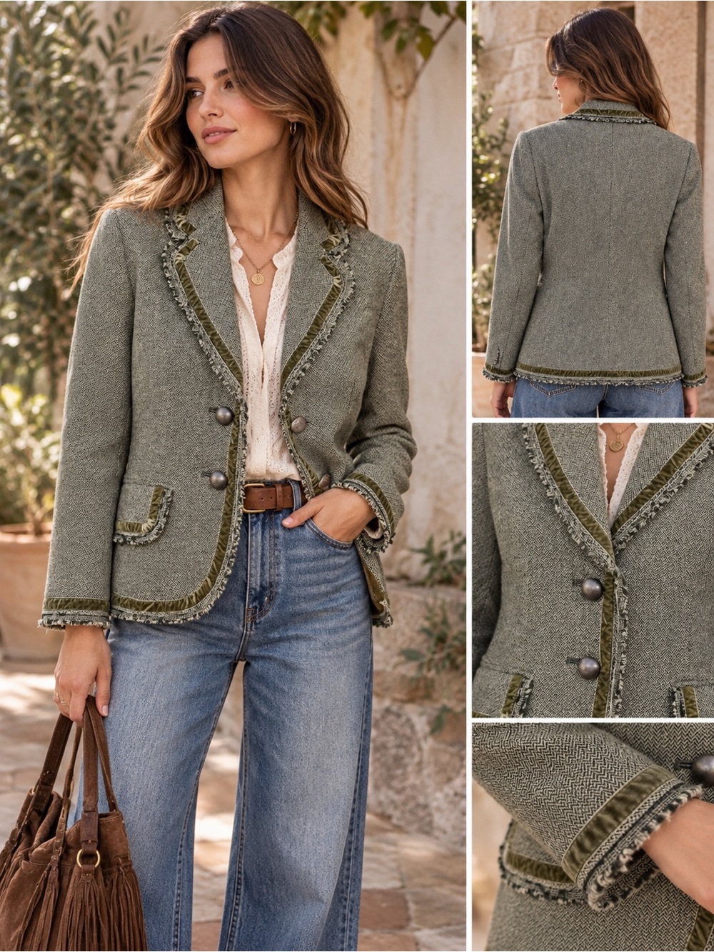 Banana Republic Wool Herringbone Velvet Trim Blazer – Size 2